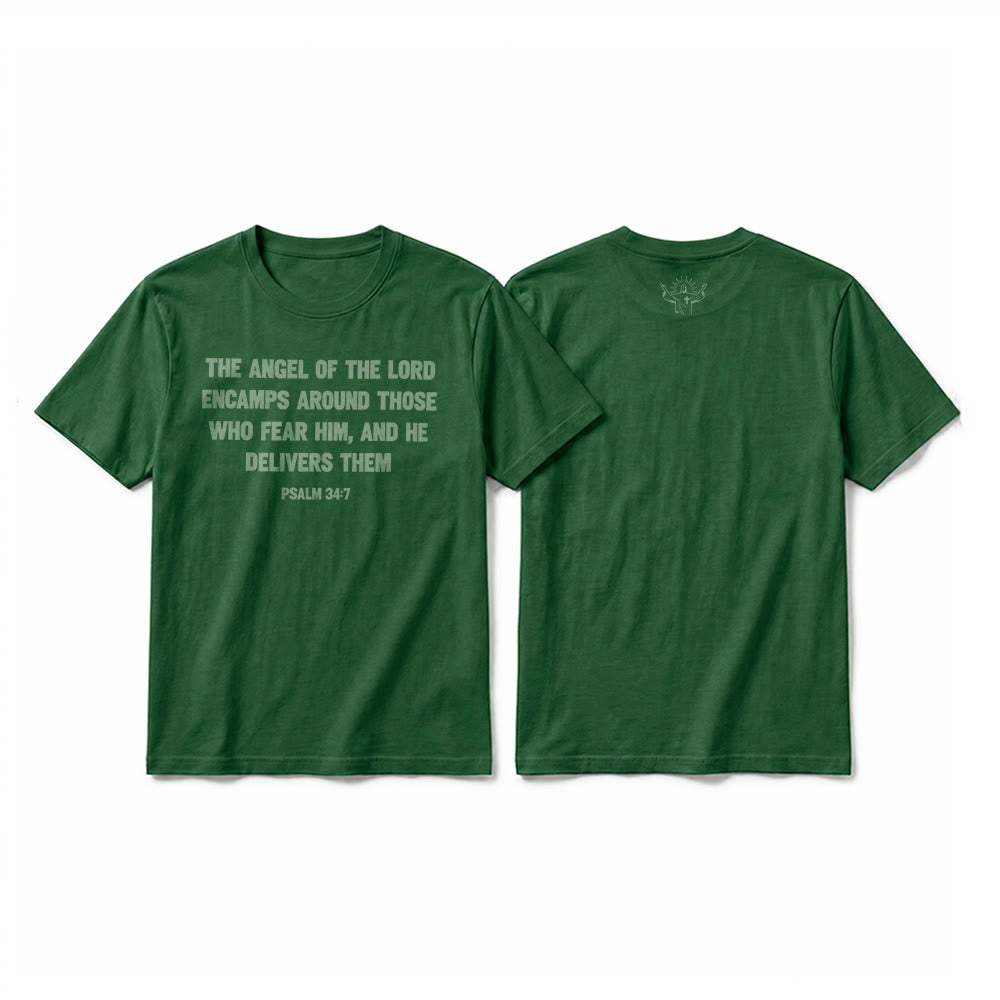 Christianartworkshop Psalm 34:7 "The Angel of the Lord" Front & Back Print Premium Short Sleeve T-Shirt - Dark Green - 2XL - image 25