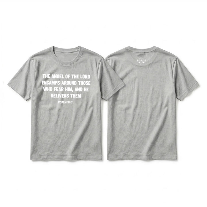 Christianartworkshop Psalm 34:7 "The Angel of the Lord" Front & Back Print Premium Short Sleeve T-Shirt - Grey - 2XL - image 16