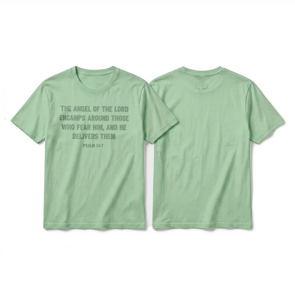 Christianartworkshop Psalm 34:7 "The Angel of the Lord" Front & Back Print Premium Short Sleeve T-Shirt - Light Green - 2XL - image 22