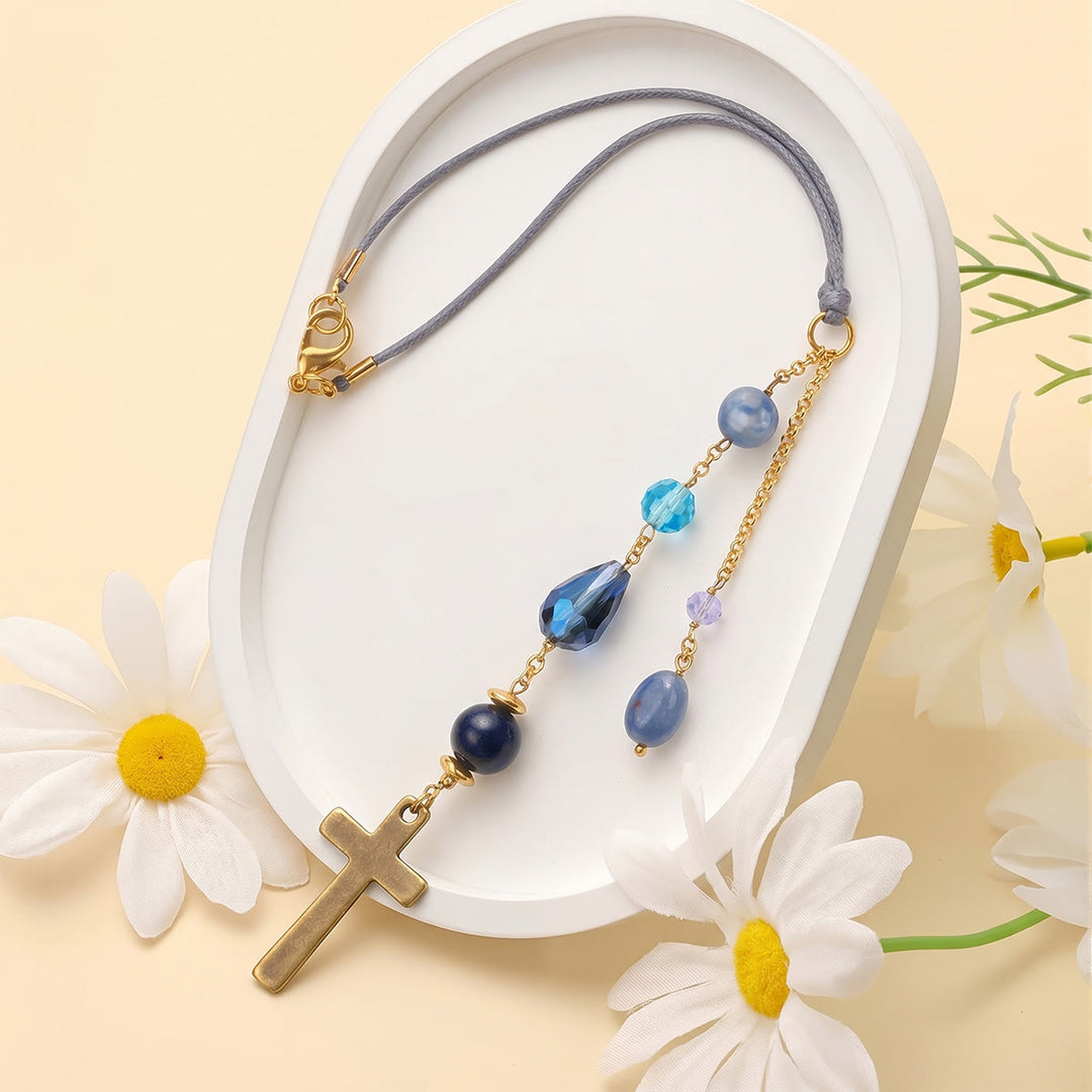 Christianartworkshop Minimalist Cross Car Hanging Ornament with Natural Stone & Crystal Beads: A Reminder of Heavenly Peace on the Road - image 2