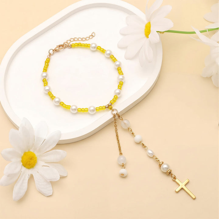 Christianartworkshop Minimalist Cross Car Hanging Ornament with Natural Stone & Crystal Beads: A Reminder of Heavenly Peace on the Road - White Quartz & Pearl - image 21