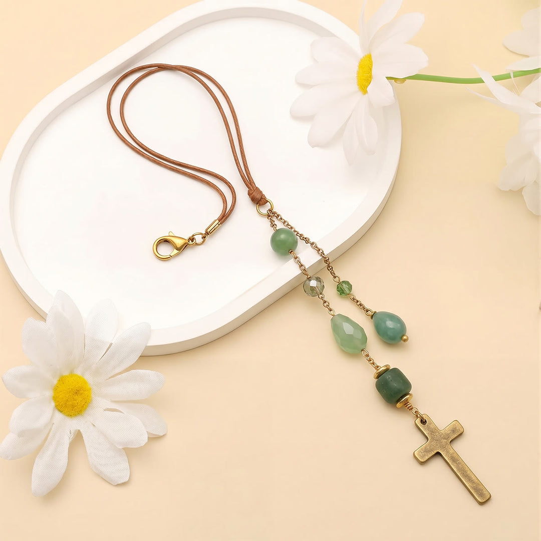 Christianartworkshop Minimalist Cross Car Hanging Ornament with Natural Stone & Crystal Beads: A Reminder of Heavenly Peace on the Road - image 10