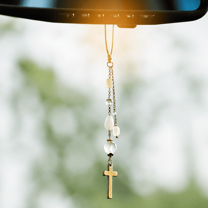 Christianartworkshop Minimalist Cross Car Hanging Ornament with Natural Stone & Crystal Beads: A Reminder of Heavenly Peace on the Road - White Quartz - image 14