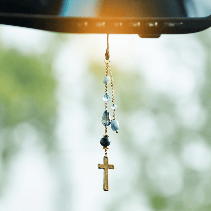 Christianartworkshop Minimalist Cross Car Hanging Ornament with Natural Stone & Crystal Beads: A Reminder of Heavenly Peace on the Road - Blue Crystal - image 0