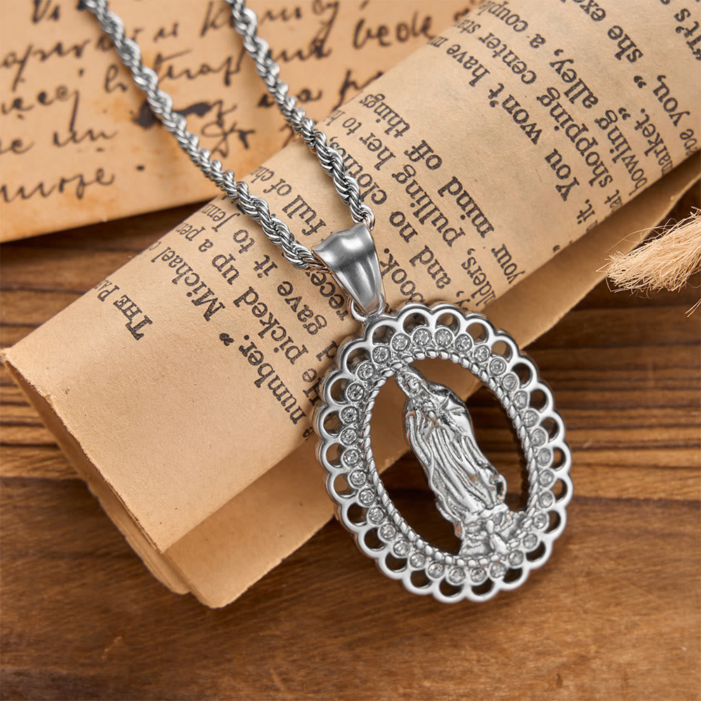 Christianartworkshop Openwork Oval Our Lady Necklace with Zircon Halo & Braided Chain: A Reminder of Divine Mercy and Heavenly Protection - Silver - image 4