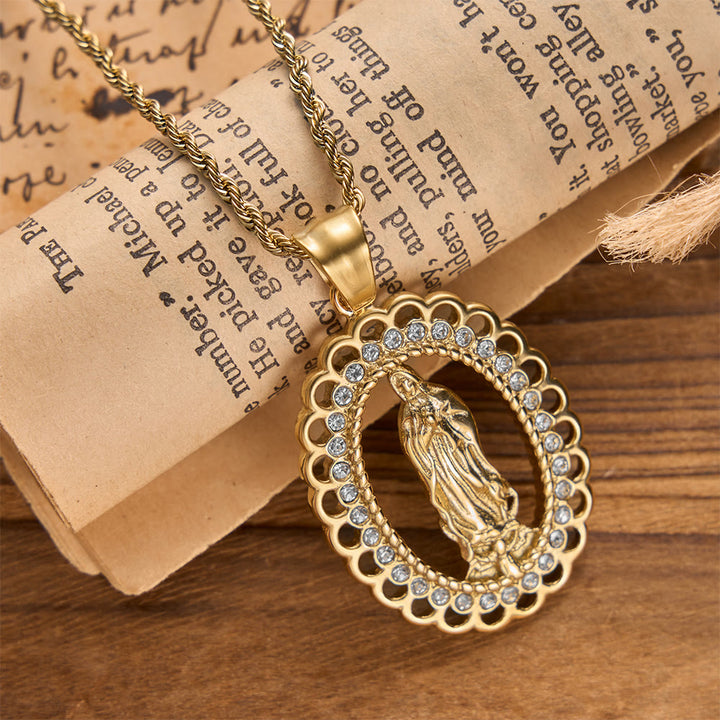 Christianartworkshop Openwork Oval Our Lady Necklace with Zircon Halo & Braided Chain: A Reminder of Divine Mercy and Heavenly Protection - Golden - image 0