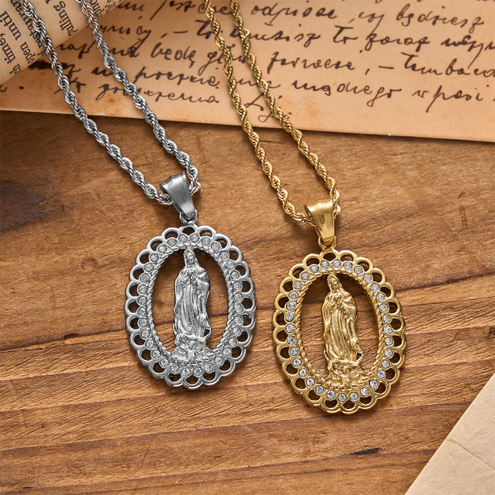 Christianartworkshop Openwork Oval Our Lady Necklace with Zircon Halo & Braided Chain: A Reminder of Divine Mercy and Heavenly Protection - image 2