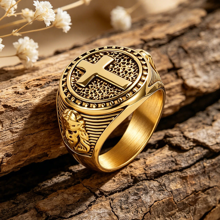 FREE Today: Vintage Two-Tone Cross Signet Ring with Jesus Profile Detail: A Symbol of Timeless Faith & Sacred Protection - Golden - US 13 - image 5