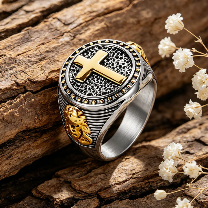 FREE Today: Vintage Two-Tone Cross Signet Ring with Jesus Profile Detail: A Symbol of Timeless Faith & Sacred Protection - Silver & Golden - US 13 - image 0