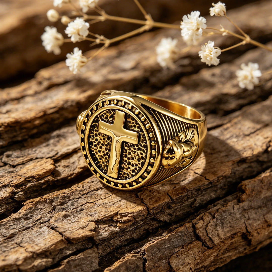 FREE Today: Vintage Two-Tone Cross Signet Ring with Jesus Profile Detail: A Symbol of Timeless Faith & Sacred Protection - image 7