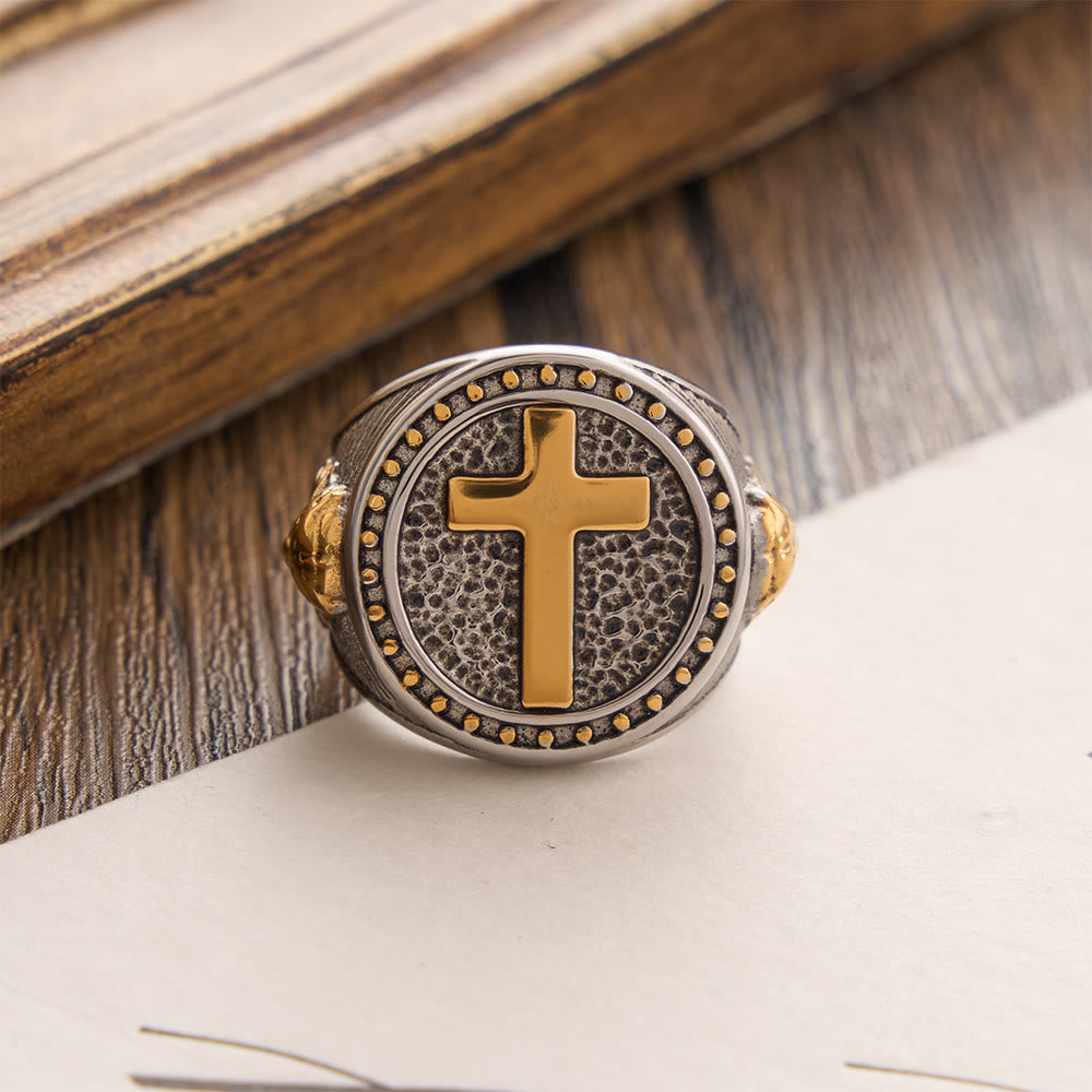 FREE Today: Vintage Two-Tone Cross Signet Ring with Jesus Profile Detail: A Symbol of Timeless Faith & Sacred Protection - image 3