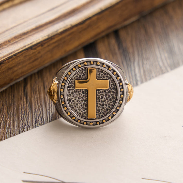 FREE Today: Vintage Two-Tone Cross Signet Ring with Jesus Profile Detail: A Symbol of Timeless Faith & Sacred Protection - image 3