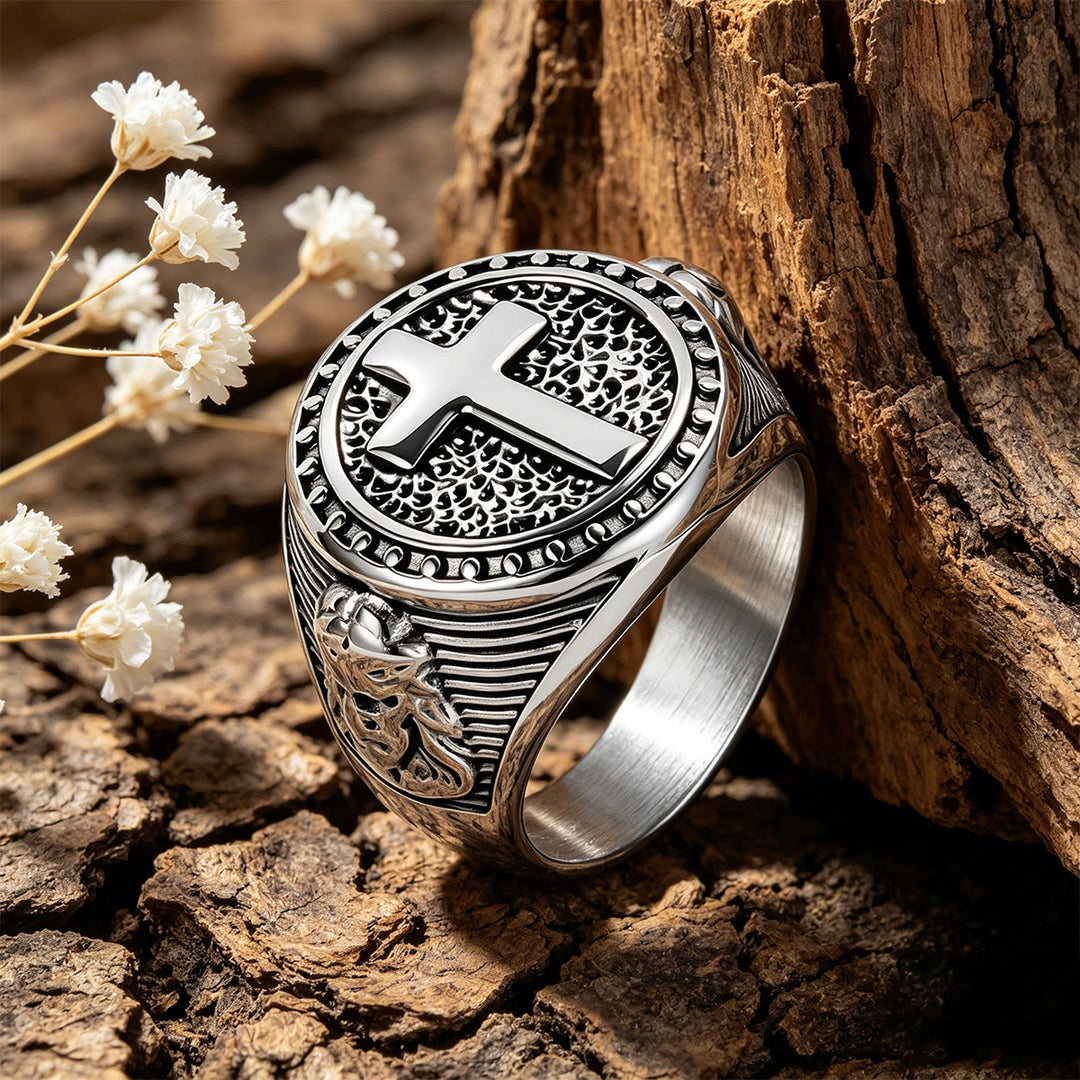 FREE Today: Vintage Two-Tone Cross Signet Ring with Jesus Profile Detail: A Symbol of Timeless Faith & Sacred Protection - Silver - US 13 - image 8