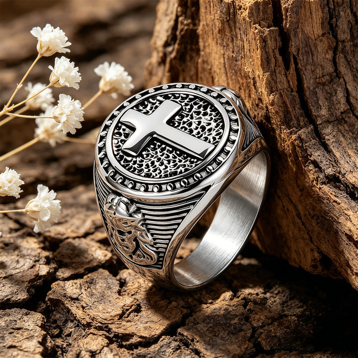 FREE Today: Vintage Two-Tone Cross Signet Ring with Jesus Profile Detail: A Symbol of Timeless Faith & Sacred Protection - Silver - US 13 - image 8