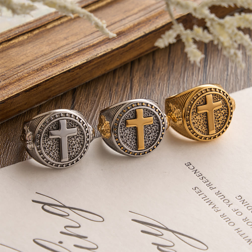 FREE Today: Vintage Two-Tone Cross Signet Ring with Jesus Profile Detail: A Symbol of Timeless Faith & Sacred Protection - image 1