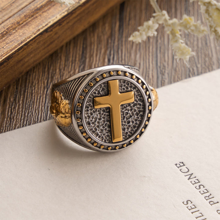 FREE Today: Vintage Two-Tone Cross Signet Ring with Jesus Profile Detail: A Symbol of Timeless Faith & Sacred Protection - image 4