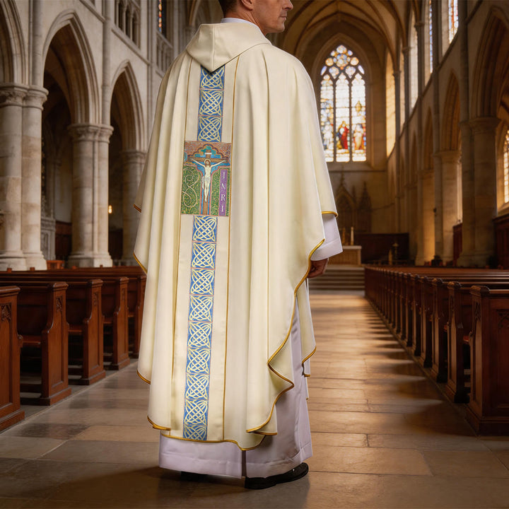 Christianartworkshop Elegant Chasuble With Central Crucifix, INRI Inscription And Ornate Celtic Knot Embroidery Chasuble - image 2