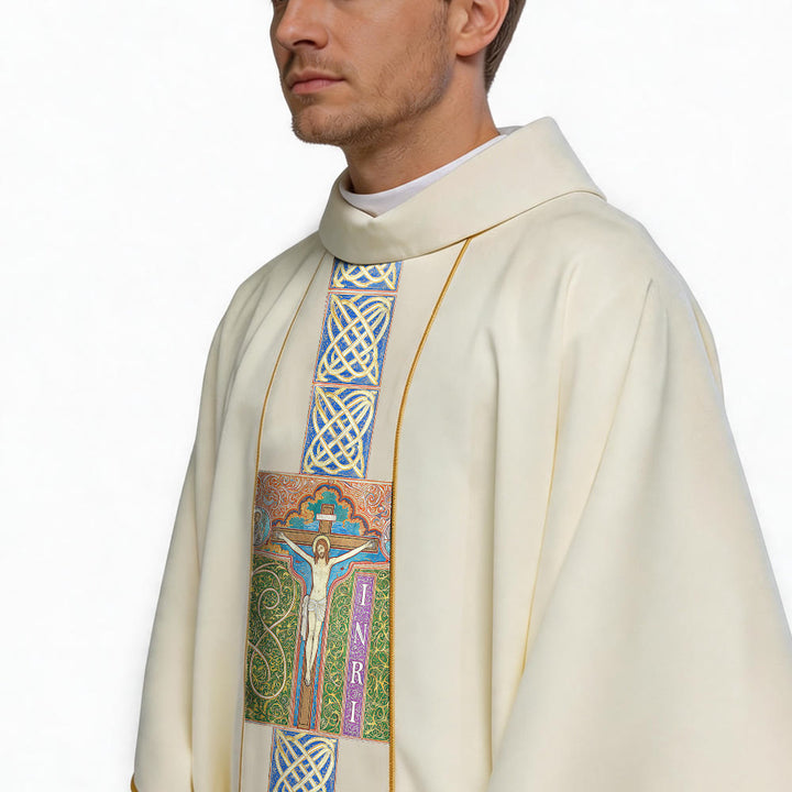 Christianartworkshop Elegant Chasuble With Central Crucifix, INRI Inscription And Ornate Celtic Knot Embroidery Chasuble - image 5
