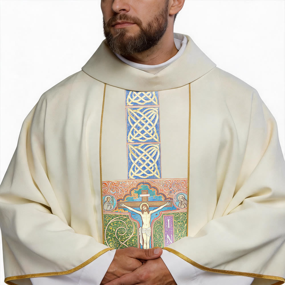Christianartworkshop Elegant Chasuble With Central Crucifix, INRI Inscription And Ornate Celtic Knot Embroidery Chasuble - image 4