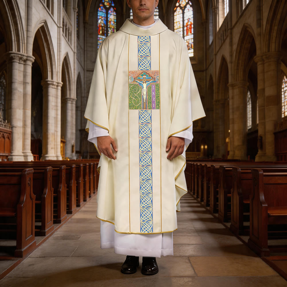 Christianartworkshop Elegant Chasuble With Central Crucifix, INRI Inscription And Ornate Celtic Knot Embroidery Chasuble - One Size FIts Most - image 0