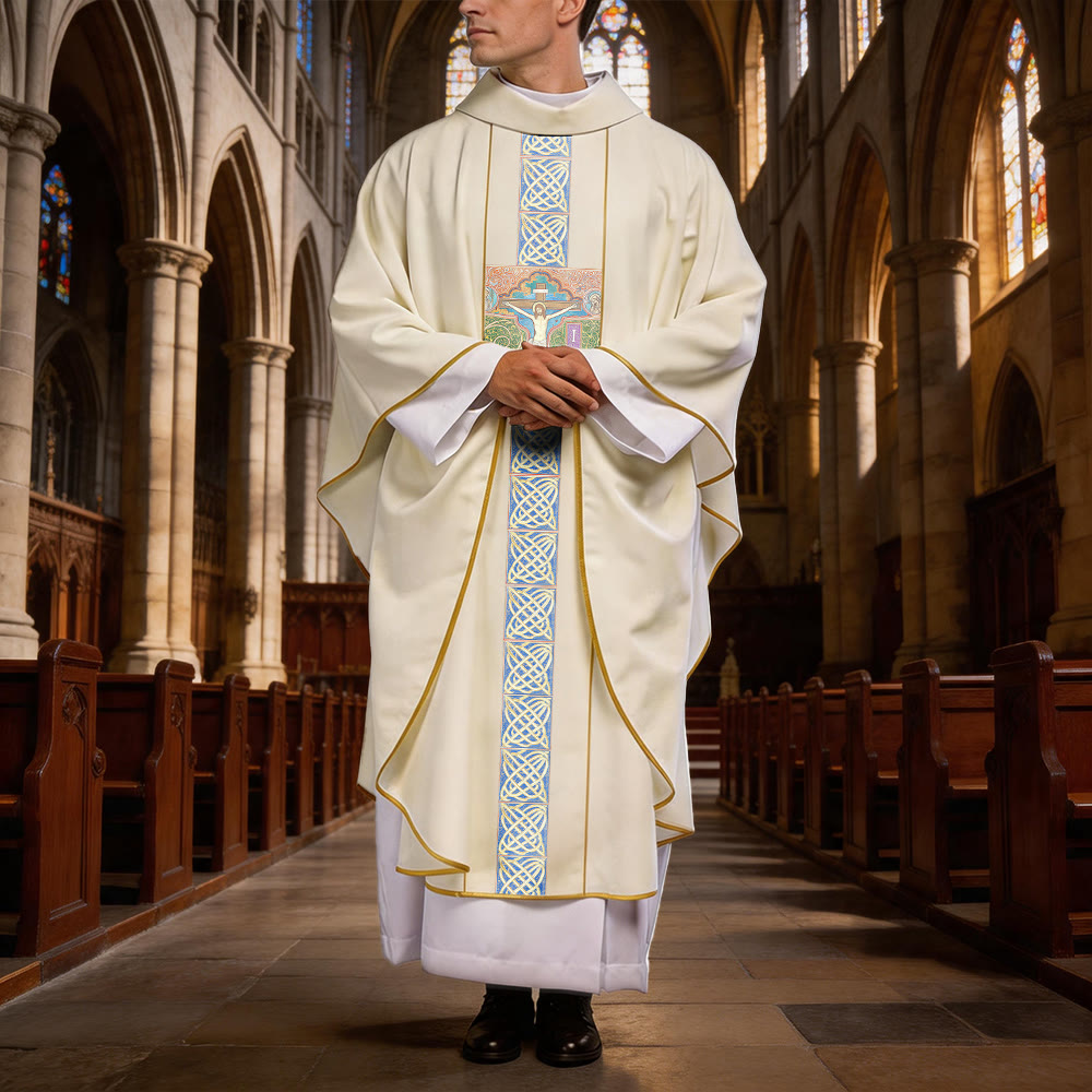 Christianartworkshop Elegant Chasuble With Central Crucifix, INRI Inscription And Ornate Celtic Knot Embroidery Chasuble - image 1