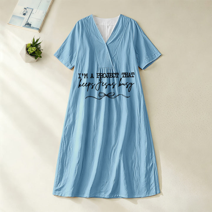 Christianartworkshop "I'm A Project That Keeps Jesus Busy" Bow Detail V-Neck Short Sleeve Midi Dress - Blue - 4XL - image 0