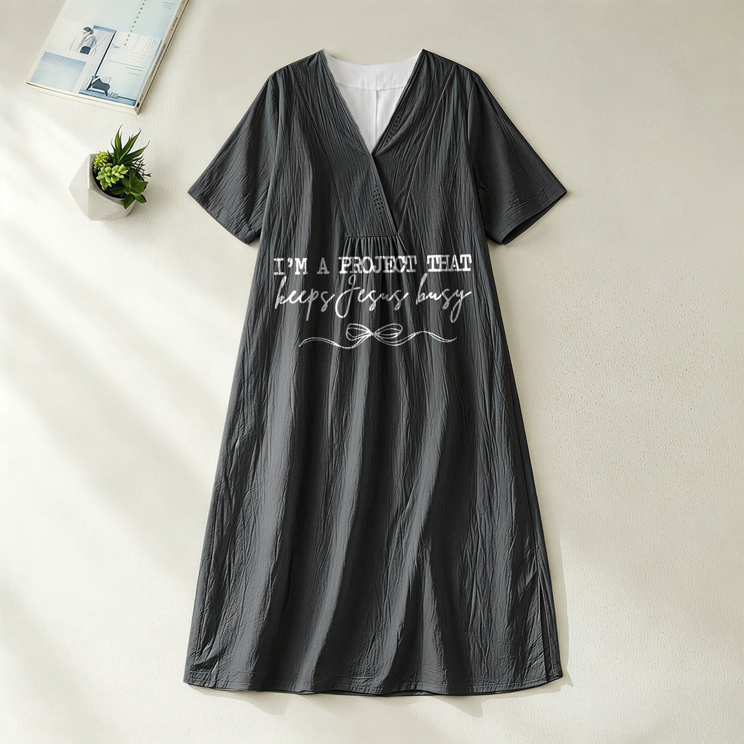 Christianartworkshop "I'm A Project That Keeps Jesus Busy" Bow Detail V-Neck Short Sleeve Midi Dress - Black - 4XL - image 12