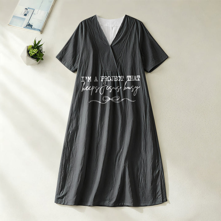 Christianartworkshop "I'm A Project That Keeps Jesus Busy" Bow Detail V-Neck Short Sleeve Midi Dress - Black - 4XL - image 12
