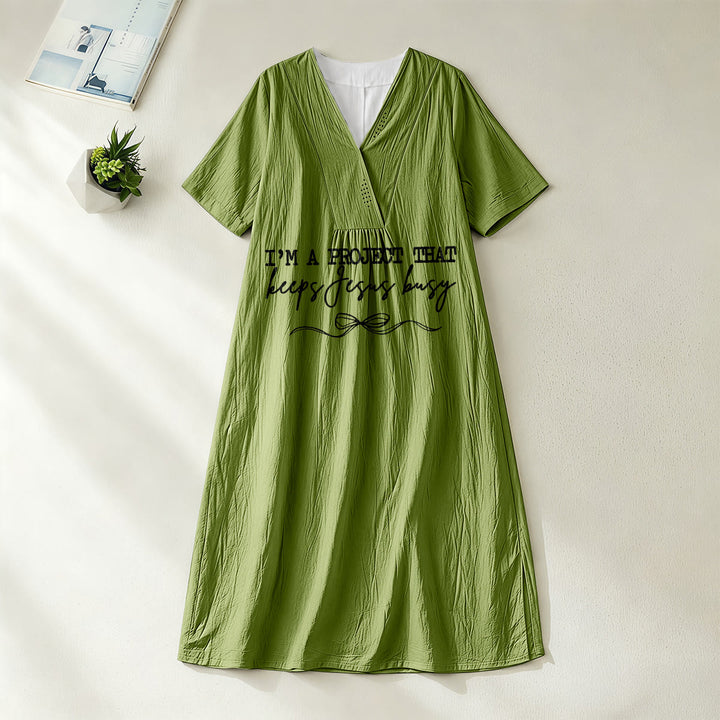Christianartworkshop "I'm A Project That Keeps Jesus Busy" Bow Detail V-Neck Short Sleeve Midi Dress - Olive Green - 4XL - image 20