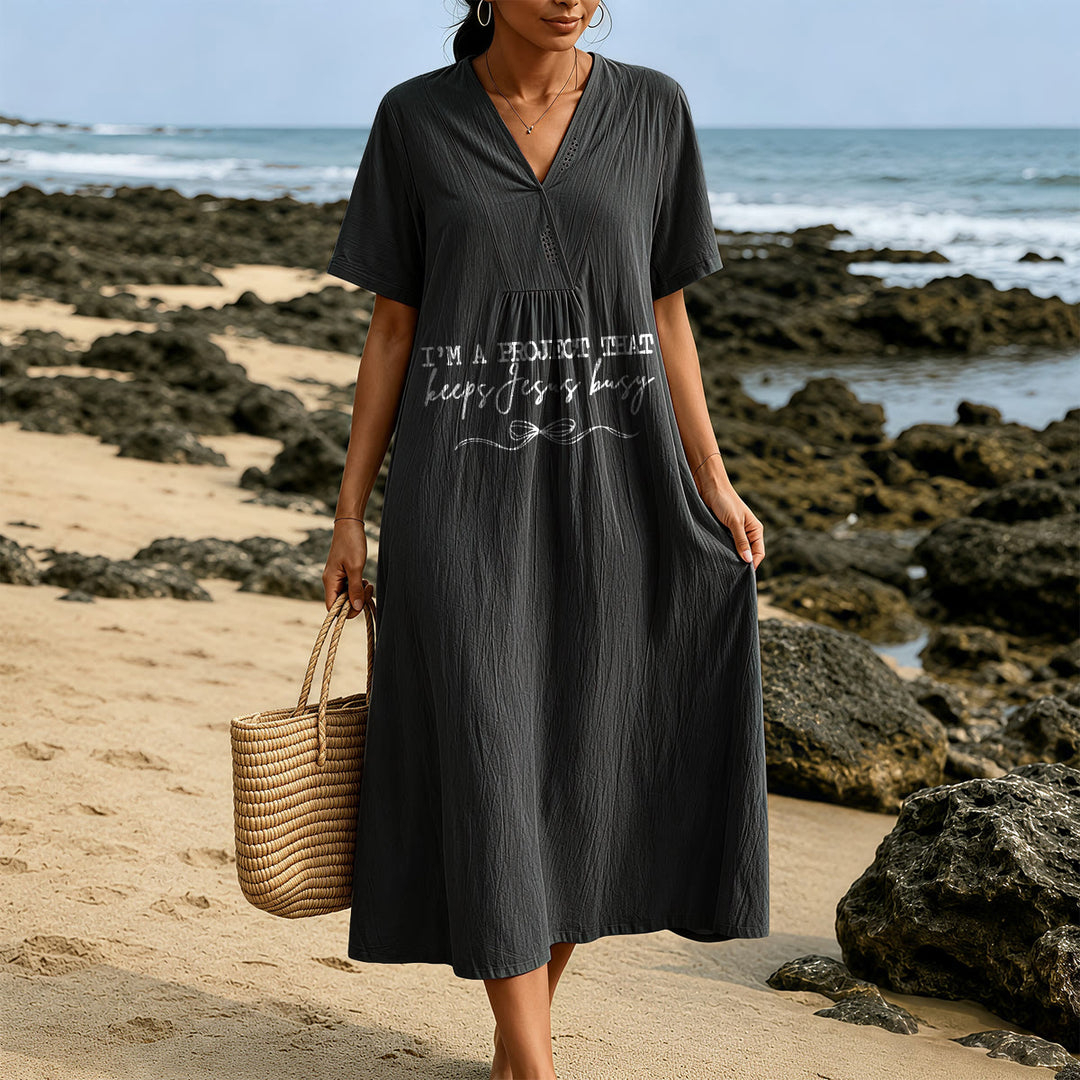 Christianartworkshop "I'm A Project That Keeps Jesus Busy" Bow Detail V-Neck Short Sleeve Midi Dress - image 13