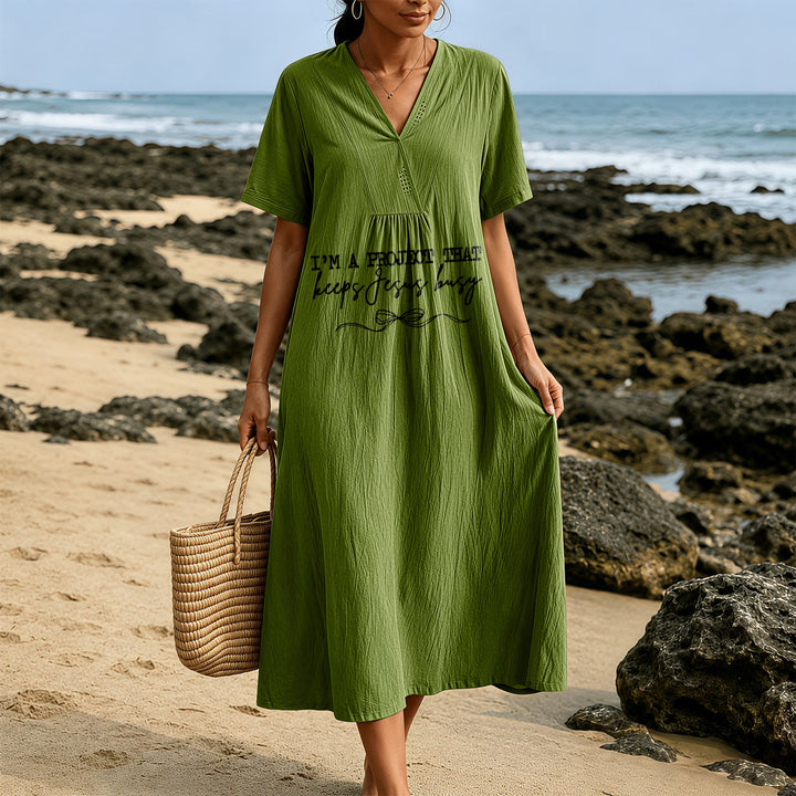 Christianartworkshop "I'm A Project That Keeps Jesus Busy" Bow Detail V-Neck Short Sleeve Midi Dress - image 21