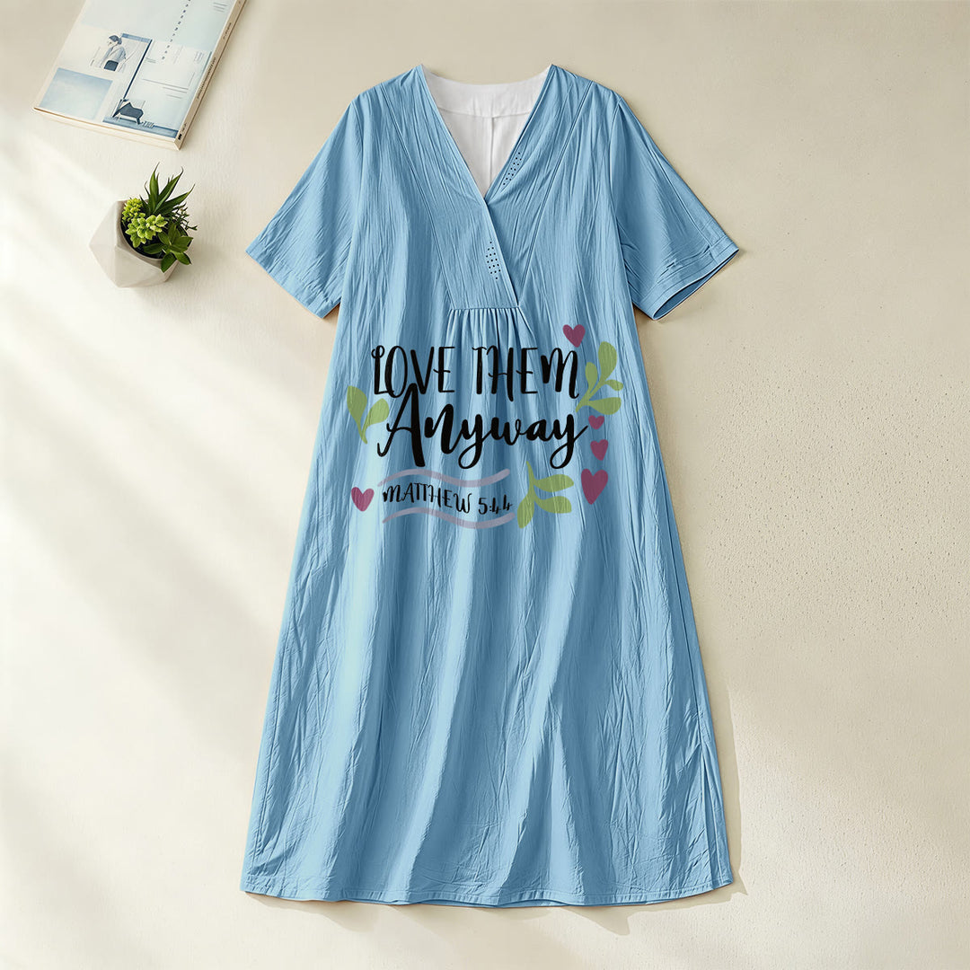 Christianartworkshop "Love Them Anyway" Matthew 5:44 Heart Leaf Print V-Neck Short Sleeve Midi Dress - Blue - 4XL - image 16