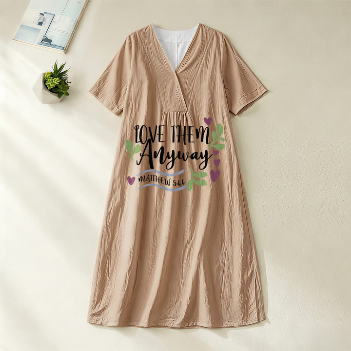 Christianartworkshop "Love Them Anyway" Matthew 5:44 Heart Leaf Print V-Neck Short Sleeve Midi Dress - Khaki - 4XL - image 20