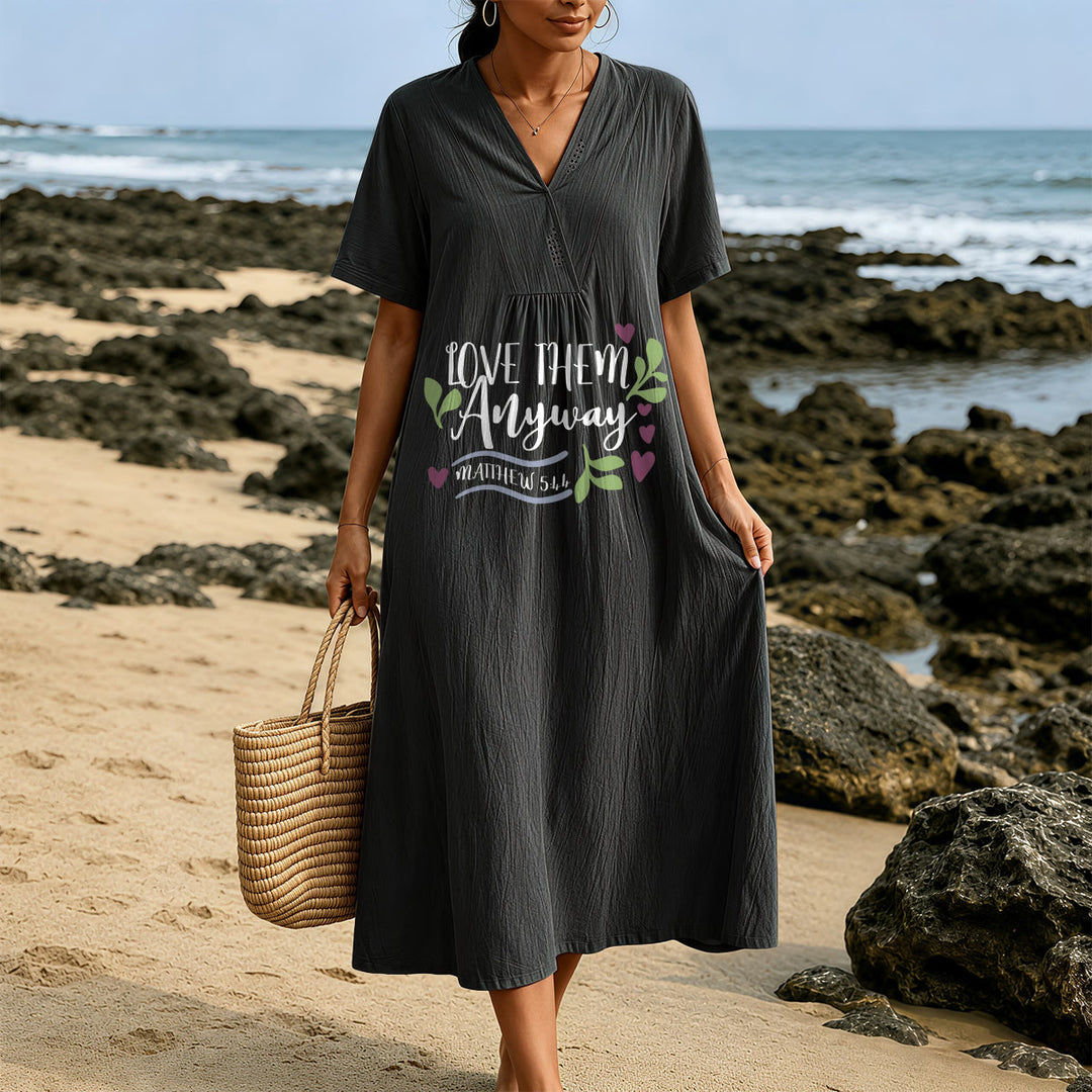 Christianartworkshop "Love Them Anyway" Matthew 5:44 Heart Leaf Print V-Neck Short Sleeve Midi Dress - image 1