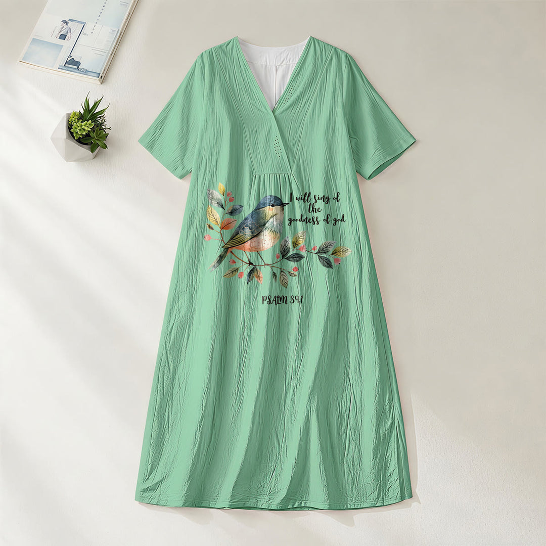 Christianartworkshop "I Will Sing Of The Goodness Of God" Psalm 89:1 Bird Branch Print V-Neck Short Sleeve Midi Dress - Green - 4XL - image 16