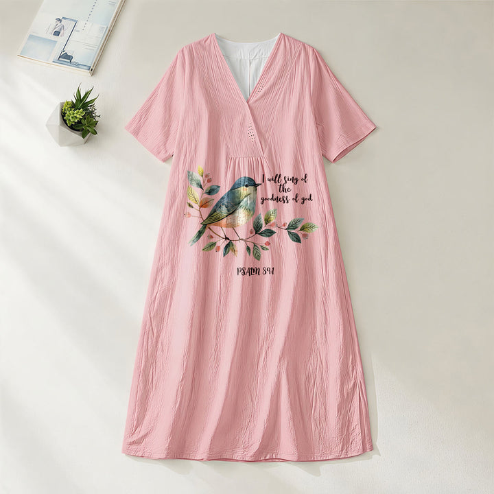Christianartworkshop "I Will Sing Of The Goodness Of God" Psalm 89:1 Bird Branch Print V-Neck Short Sleeve Midi Dress - Pink - 4XL - image 12