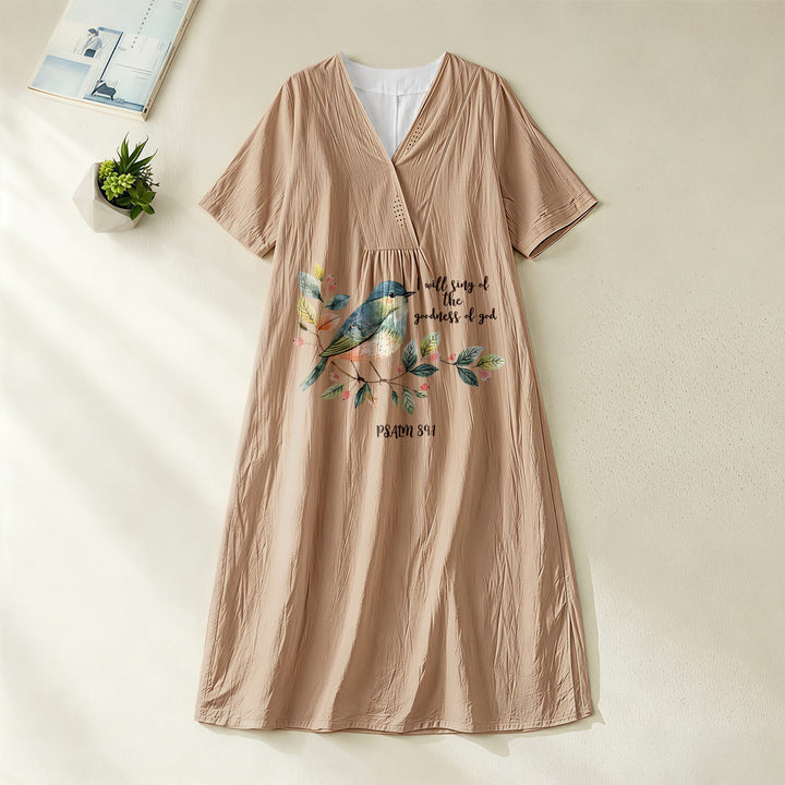 Christianartworkshop "I Will Sing Of The Goodness Of God" Psalm 89:1 Bird Branch Print V-Neck Short Sleeve Midi Dress - Khaki - 4XL - image 20