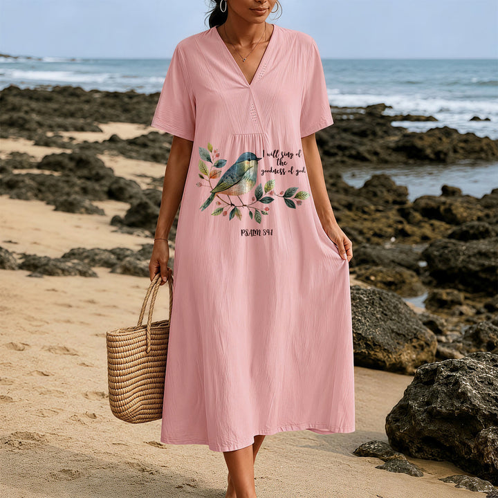 Christianartworkshop "I Will Sing Of The Goodness Of God" Psalm 89:1 Bird Branch Print V-Neck Short Sleeve Midi Dress - image 13