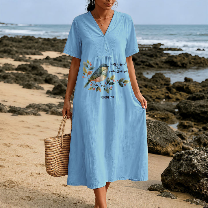 Christianartworkshop "I Will Sing Of The Goodness Of God" Psalm 89:1 Bird Branch Print V-Neck Short Sleeve Midi Dress - image 1