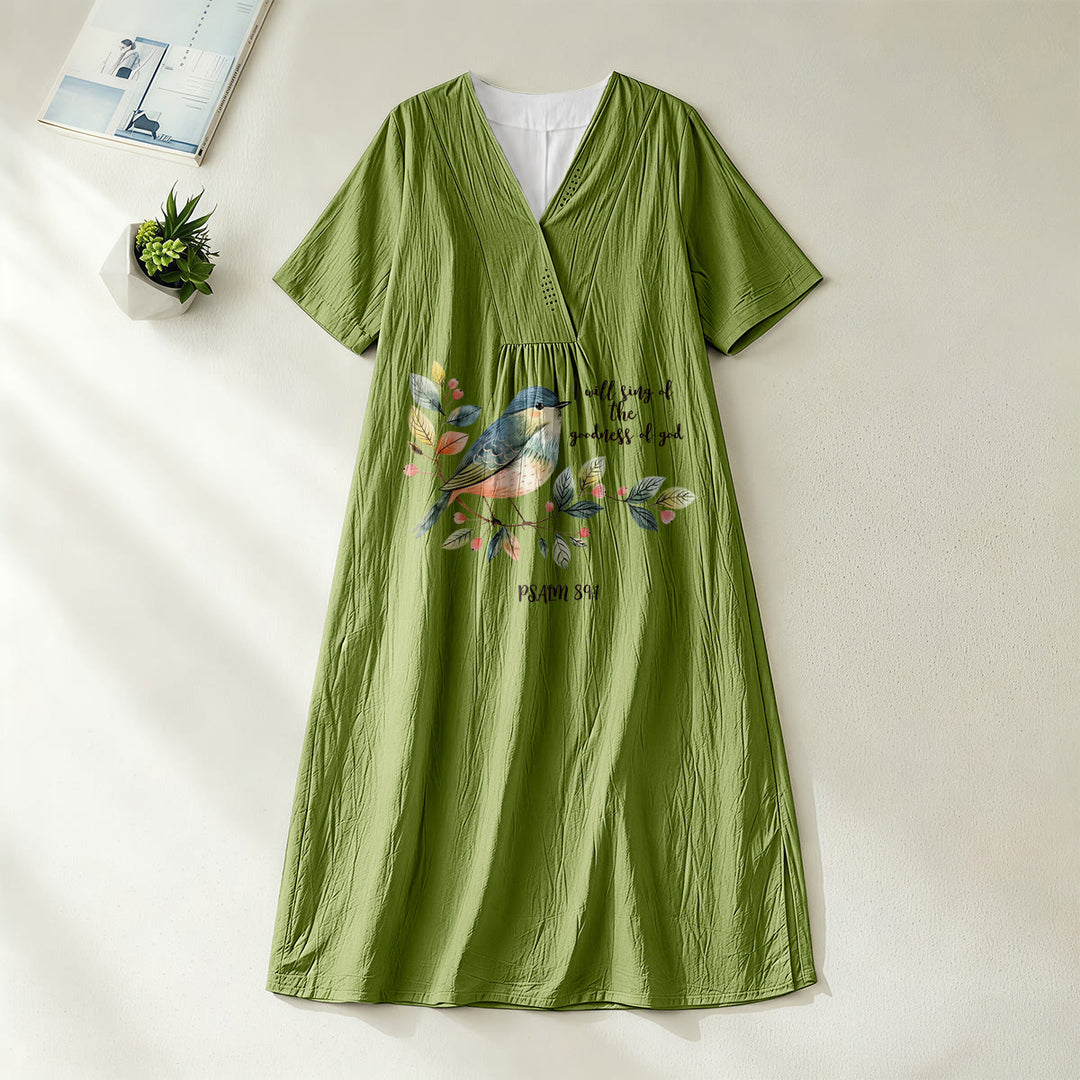 Christianartworkshop "I Will Sing Of The Goodness Of God" Psalm 89:1 Bird Branch Print V-Neck Short Sleeve Midi Dress - Olive Green - 4XL - image 8