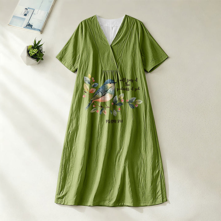 Christianartworkshop "I Will Sing Of The Goodness Of God" Psalm 89:1 Bird Branch Print V-Neck Short Sleeve Midi Dress - Olive Green - 4XL - image 8