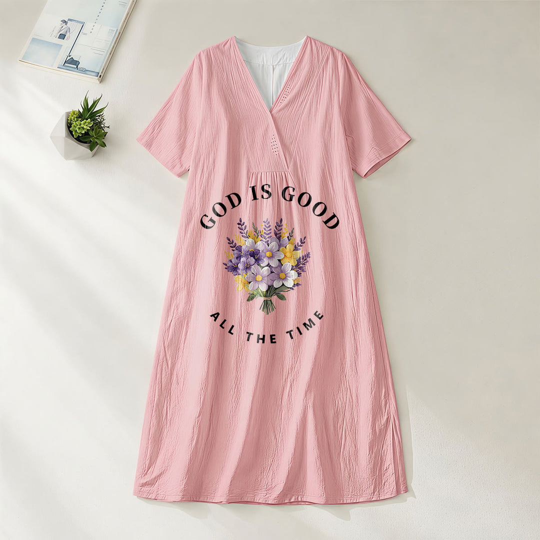 Christianartworkshop "God Is Good All The Time" Floral Bouquet Print V-Neck Short Sleeve Midi Dress - Pink - 4XL - image 0