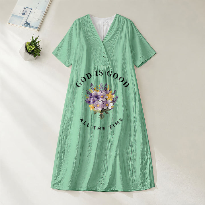 Christianartworkshop "God Is Good All The Time" Floral Bouquet Print V-Neck Short Sleeve Midi Dress - Green - 4XL - image 16