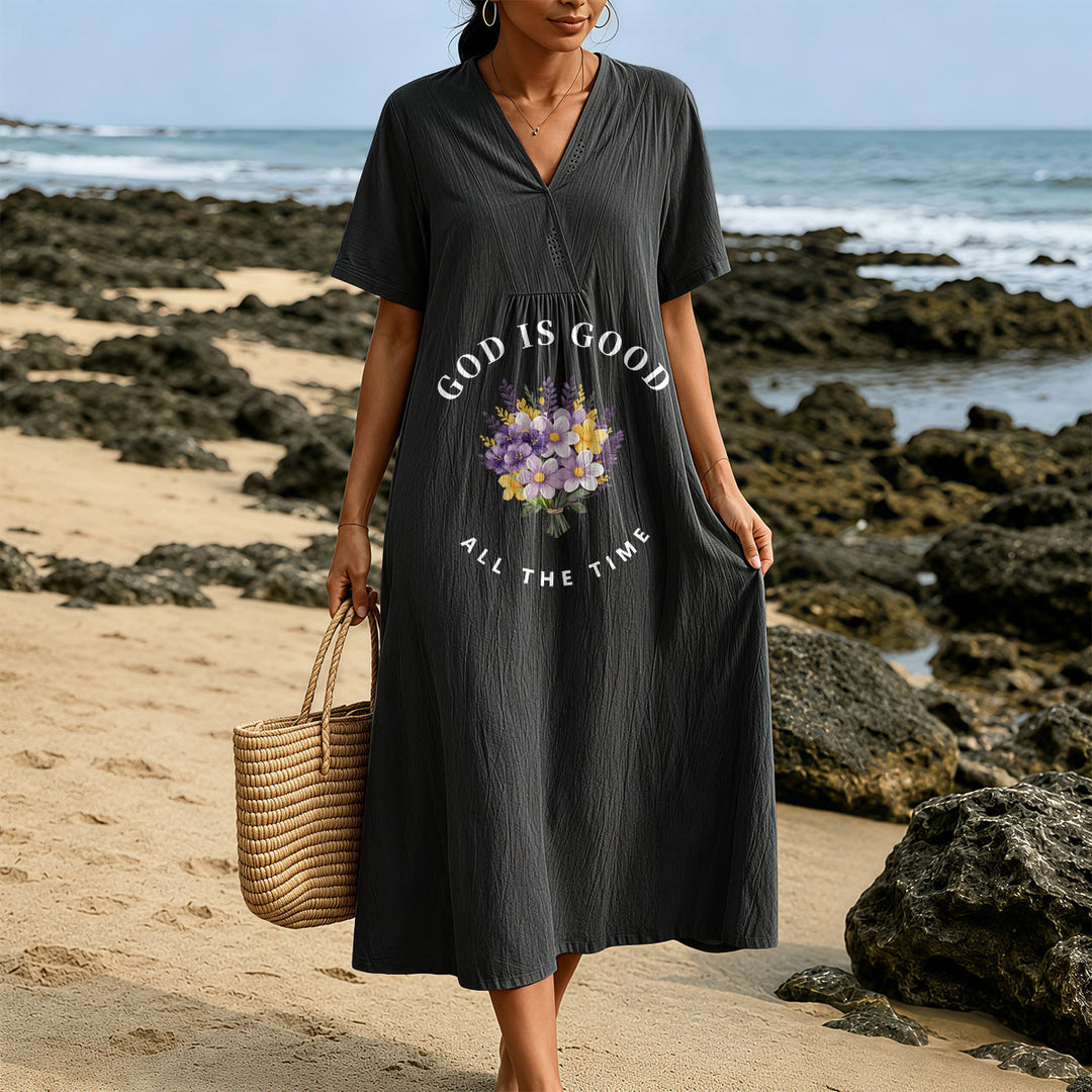 Christianartworkshop "God Is Good All The Time" Floral Bouquet Print V-Neck Short Sleeve Midi Dress - image 9