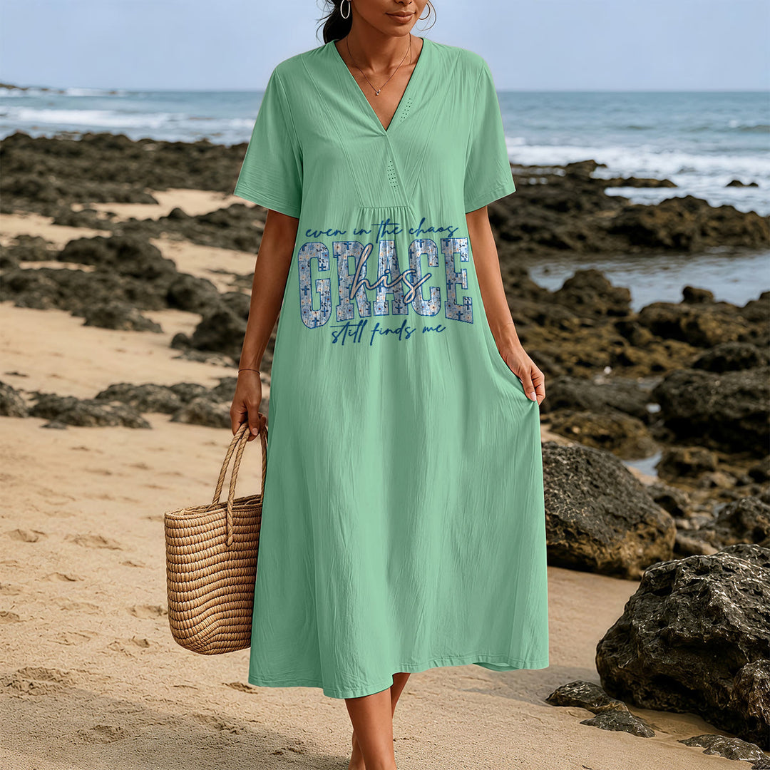 Christianartworkshop Classic "His Grace Still Finds Me" Plaid Print V-Neck Loose Midi Dress - image 17