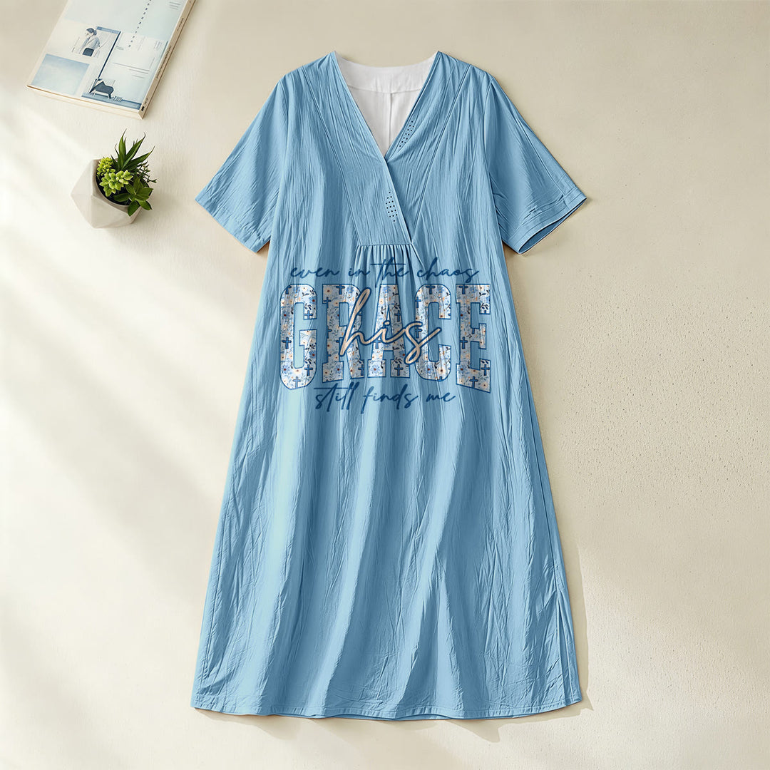 Christianartworkshop Classic "His Grace Still Finds Me" Plaid Print V-Neck Loose Midi Dress - Blue - 4XL - image 8