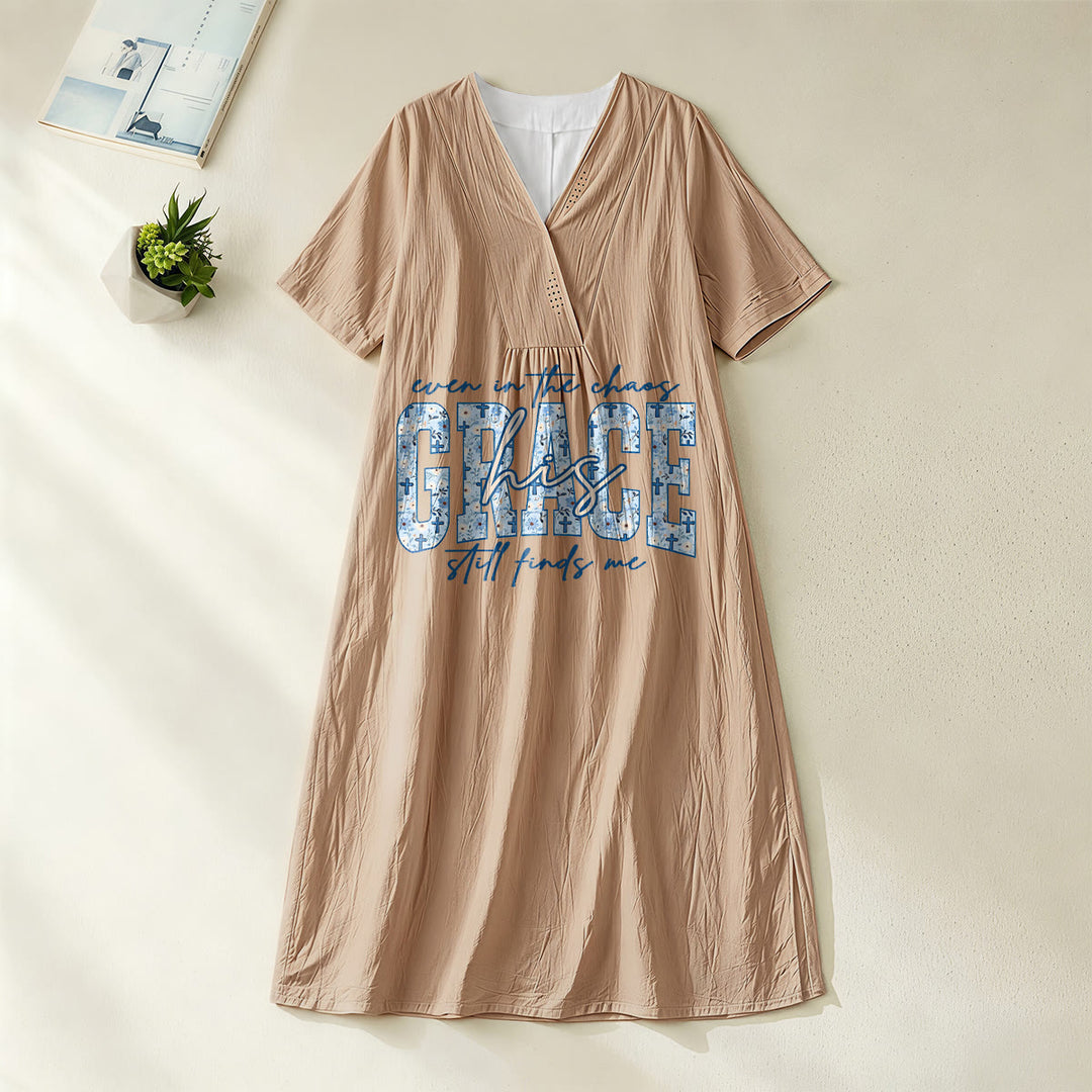 Christianartworkshop Classic "His Grace Still Finds Me" Plaid Print V-Neck Loose Midi Dress - Khaki - 4XL - image 20