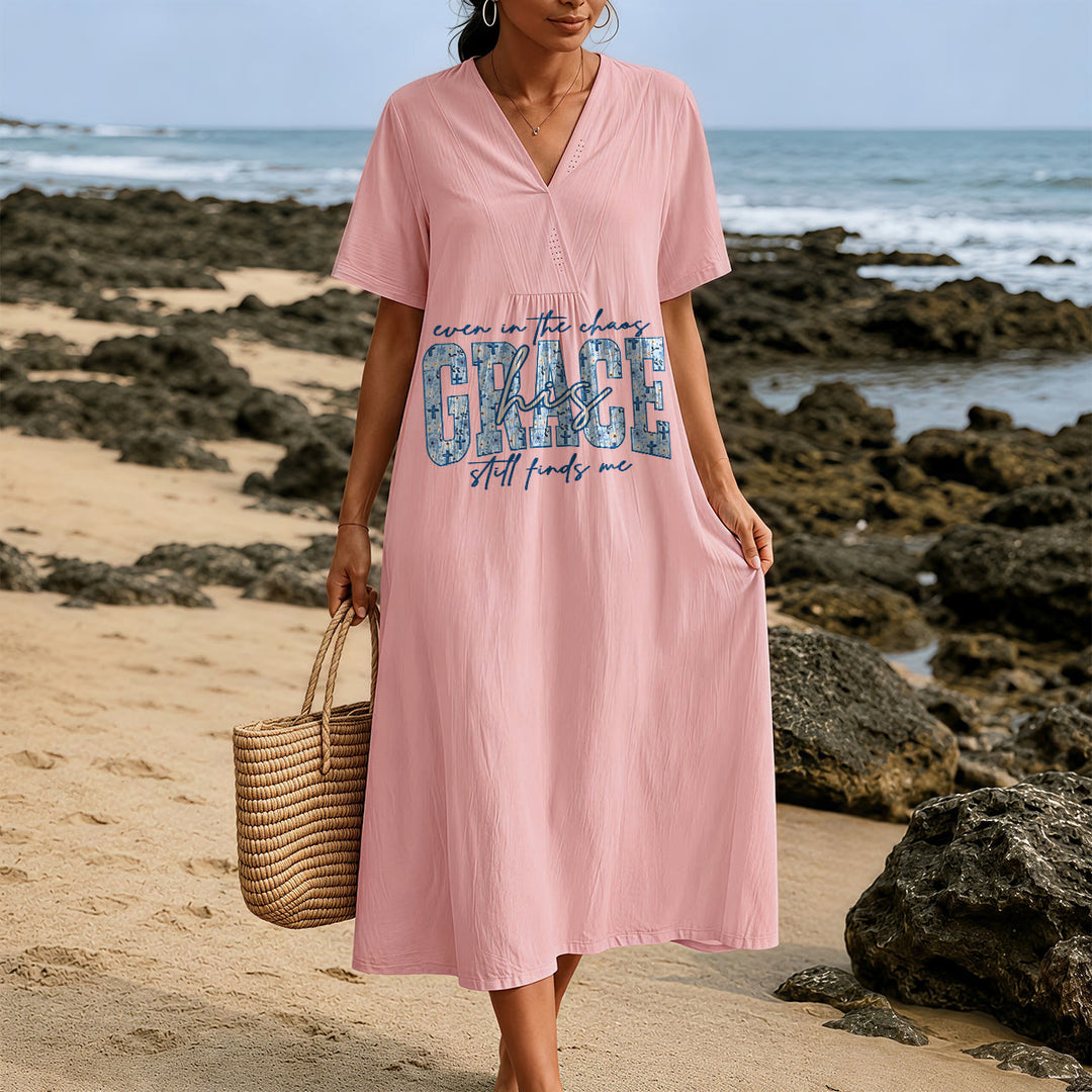 Christianartworkshop Classic "His Grace Still Finds Me" Plaid Print V-Neck Loose Midi Dress - image 5