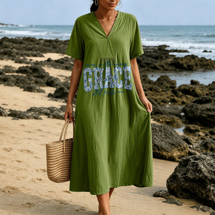 Christianartworkshop Classic "His Grace Still Finds Me" Plaid Print V-Neck Loose Midi Dress - image 13