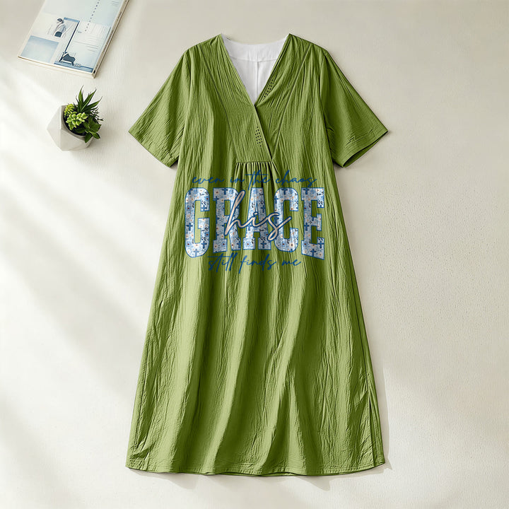 Christianartworkshop Classic "His Grace Still Finds Me" Plaid Print V-Neck Loose Midi Dress - Olive Green - 4XL - image 12
